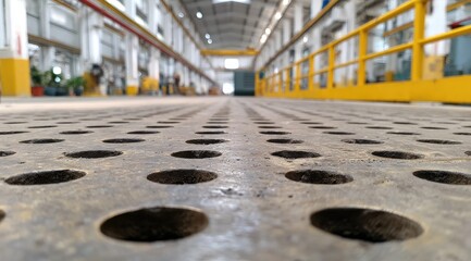 Perforated metal floor in a large industrial hall