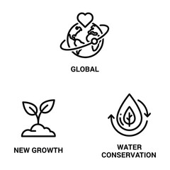 Ecology Conservation Icon Set Planet Sprout Water Drop Line