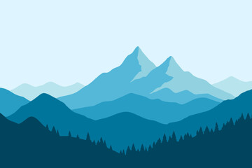 Minimalist Mountain Landscape with Blue Gradient Layers