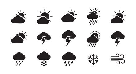 Set of weather forecast glyph icons showing different weather conditions