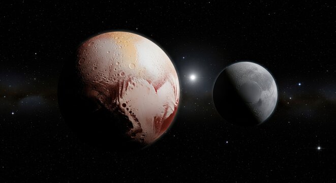 The dwarf planet Pluto and its moon Charon in space