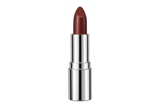 Brown lipstick extending from silver tube, transparent background