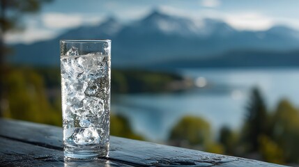 Tall glass filled with clear, cold liquid and ice cubes rests on a weathered wooden surface overlooking a scenic mountain lake.