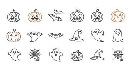 Halloween icons isolated on white background in line art style