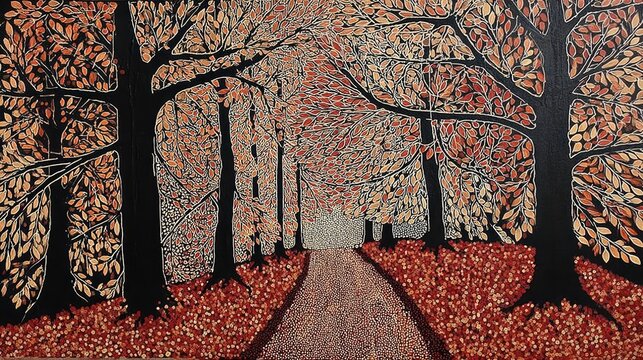A winding path covered in leaves leads through trees with rich autumn colors. The scene captures the beauty and tranquility of fall, inviting a peaceful stroll through nature.