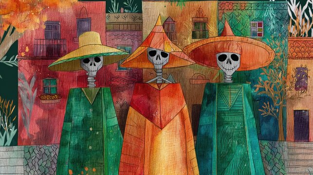 Three skeleton figures dressed in bright traditional costumes stand together in a lively town decorated with autumn foliage. The scene captures a festive atmosphere, joy, and culture.