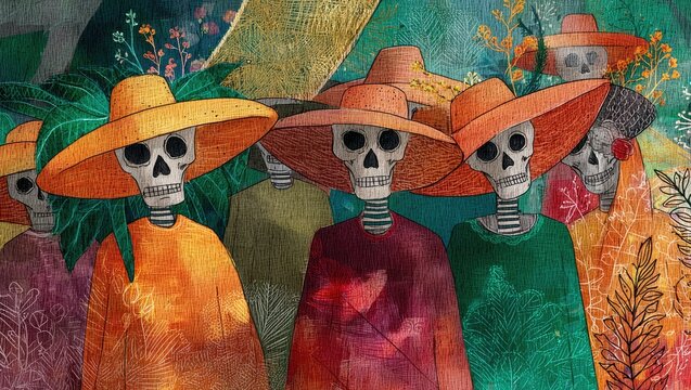 A group of skeletons dressed in bright clothing and wide-brimmed hats stand together among colorful plants. This festive depiction showcases a cultural celebration, highlighting joy in artistry.