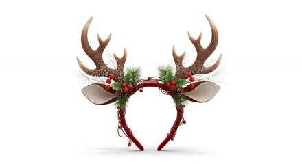 Festive Reindeer Antler Headband with Red Berries and Greenery for Christmas Holiday Celebration