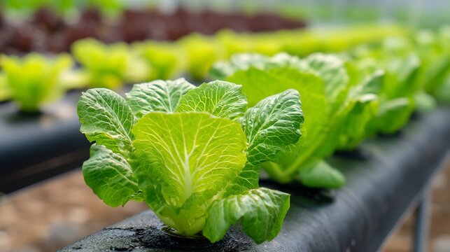 Close Up of Fresh Lettuce Growing in a Hydroponic System, High Angle View Showing Leaf Detail and Organic Horticulture - Powered by Adobe