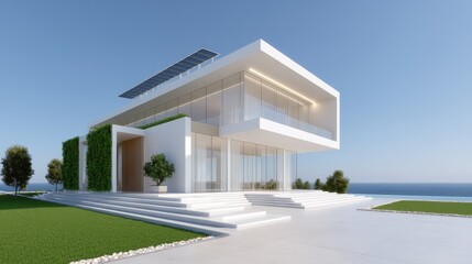 Modern minimalist house with solar panels and panoramic sea view surrounded by greenery and natural light