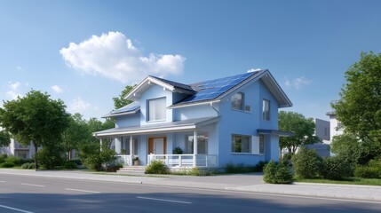 Modern two-story house with solar panels and lush greenery in a residential neighborhood under a bright blue sky