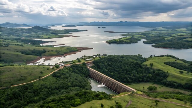 Aerial view of the volta river and akosombo dam, a hydroelectric dam in southeastern ghana, west africa, on the volta river, the largest artificial reservoir