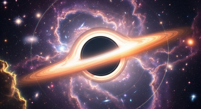 Illustration of a black hole and its accretion disk in a colorful nebula - Powered by Adobe
