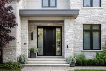 Modern house entrance with black door, stone facade, and lush greenery.