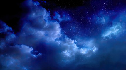 Captivating Night Sky with Deep Blue Clouds and Twinkling Stars Illuminating the Dark Atmosphere