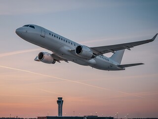 Obraz premium A modern white passenger jet aircraft takes off at sunset, with an airport control tower in the foreground.