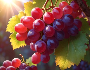 Close-up of ripe, red grapes on the vine, illuminated by the sun