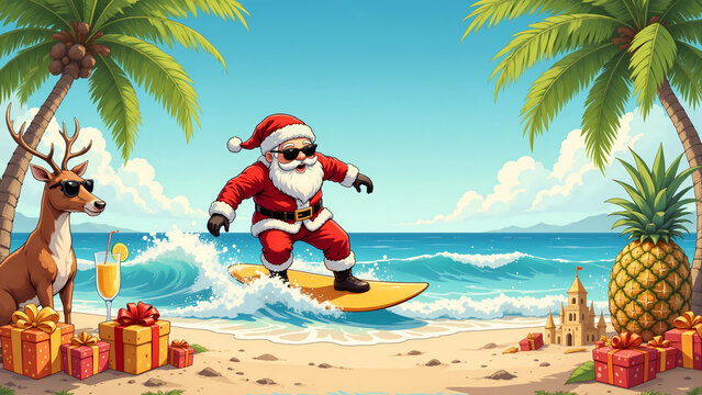 Santa Claus surfing on a sunny tropical beach with reindeer, palm trees, and Christmas presents.