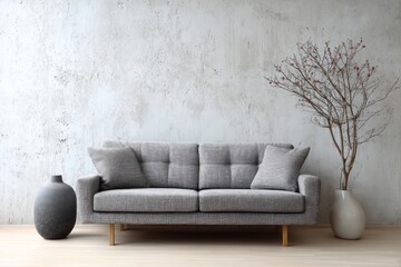 Fototapeta premium Minimalist living room features a gray tufted sofa and decorative vases.