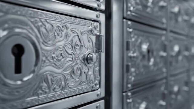 Wall of metallic safe deposit boxes with ornate engraved design close up