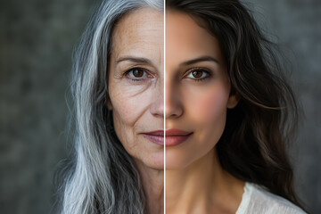 A portrait split a woman showing old and youth age. Generative AI.