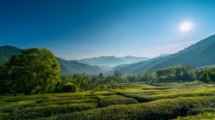 Fototapeta premium Lush green cultivated fields stretch across rolling hills beneath a bright morning sun.