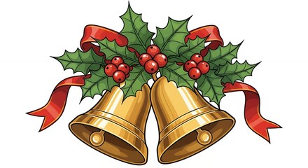 Golden Christmas Bells with Holly and Red Ribbon Illustration