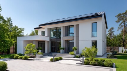 Modern House with Large Windows and Solar Panels in a Serene Garden Setting Under Clear Blue Sky
