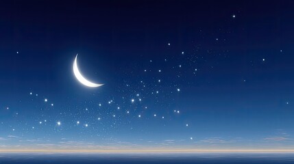 Naklejka premium Tranquil Night Sky with Crescent Moon and Twinkling Stars Over Serene Ocean Horizon