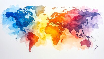 Colorful watercolor world map on white background. 