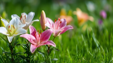 Fototapeta premium Several colorful blooming lilies emerge vibrantly from lush green grass on a bright day