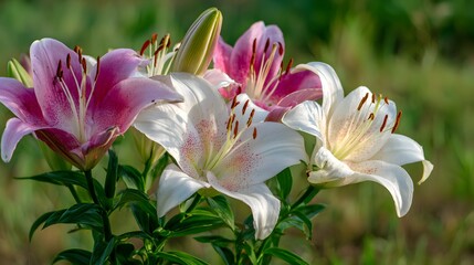 Fototapeta premium Group of vibrant lilies featuring white and pink blooms blossoms in soft daylight