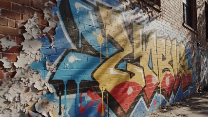 Weathered brick wall with peeling paint torn posters and vibrant graffiti art in urban environment bright sunlight - Powered by Adobe