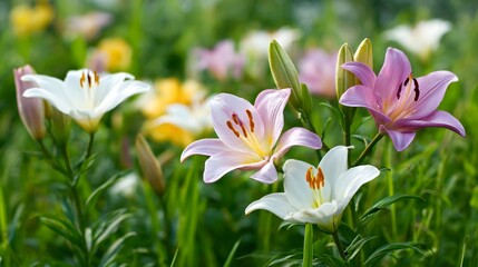 Obraz premium Multiple colored lilies bloom vibrantly within a dense green garden setting