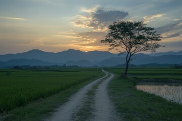 Rustic pathway through a lush rice paddy at tranquil sunset.