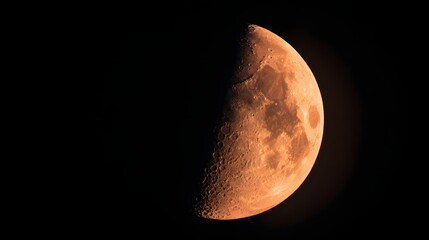 Detailed close up view captures half illuminated natural satellite against dark night sky