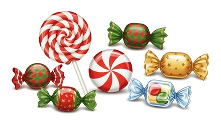 Colorful holiday candies and lollipops assortment, sweet treats for celebrations, isolated on white background