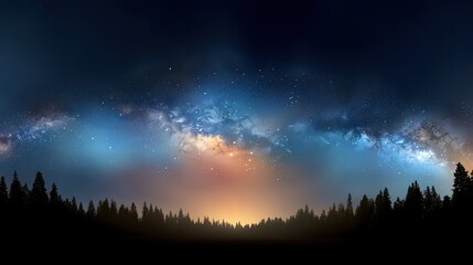 Fototapeta premium Majestic Night Sky Over Forest with Stars and Galaxy Displaying Stunning Colors and Tranquil Atmosphere