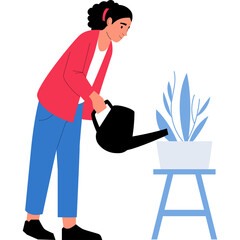Illustration Of A Woman Wearing A Red Cardigan Blue Pants Watering A Potted Plant With A Black Watering Can With A Transparent Background