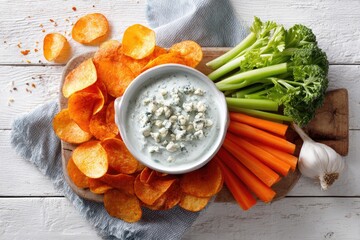 Sweet potato chips with blue cheese dip and veggies