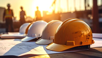 Close-up of safety helmets on blueprints with construction workers blurred