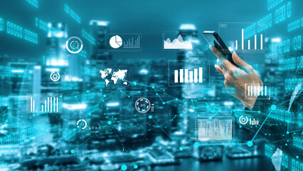 A modern data analysis concept featuring a person holding a smartphone surrounded by digital graphs and charts, set against a vibrant urban city background. Xenic