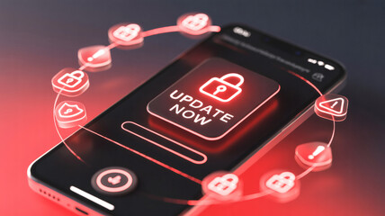 Smartphone Security Update Notification with Glowing Padlock and Cyber Protection Circle on Dark Background