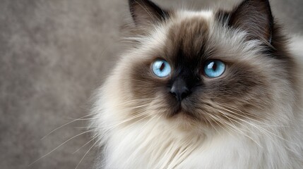 Majestic longhaired feline displays intense sapphire blue eyes against a soft neutral backdrop