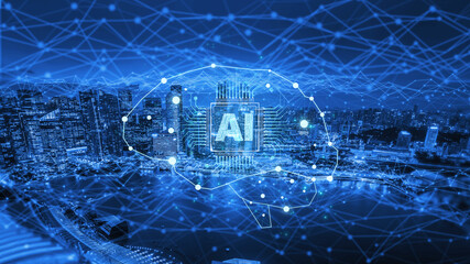 A concept of a deep learning neural network. The AI processor acts as the core of a digital brain,...