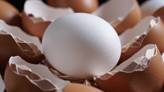 White egg nestled among broken brown eggshells contrast freshness