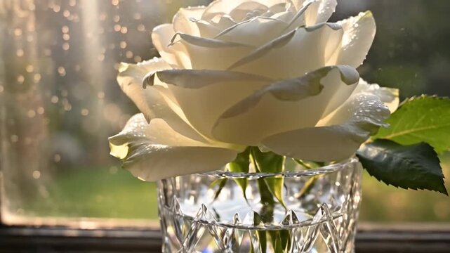 White rose in crystal vase on wooden windowsill with sunlight creating bokeh background