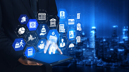 Loan icons represent debt, repayment, and financial planning. Loan supports banking, loan connects...