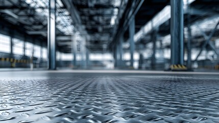 Industrial warehouse interior displays textured metal flooring extending into a vast, blurry background space