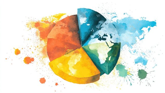 Pie chart of the Earth, divided into segments. Watercolor style, with world maps in each.  Splash of color
